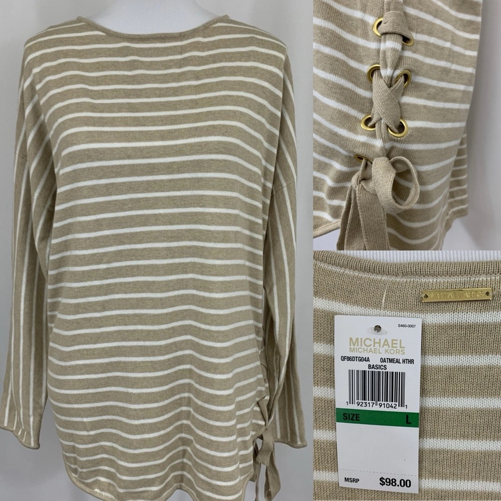 NWT! Michael Kors $98 Otmeal Striped Sweater Top Size L